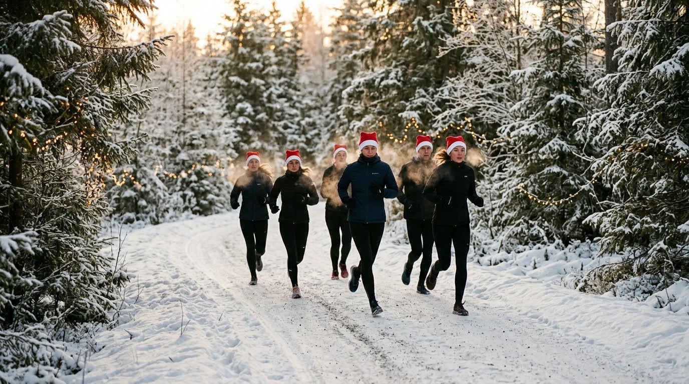 Runners in santa hats jogging a tree-lined path on a cold winter morning