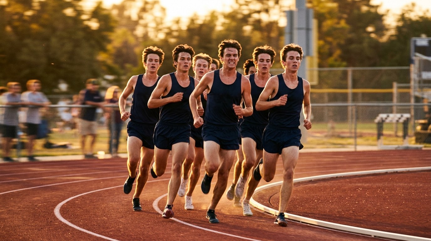 Pack of high school distance runners rounding the curve of the track