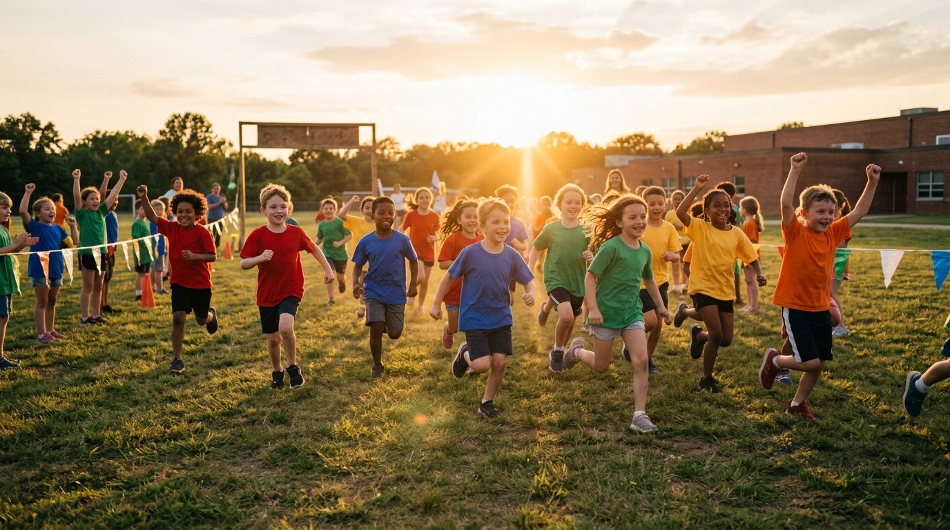 Elementary school children running a field day race across a grass field