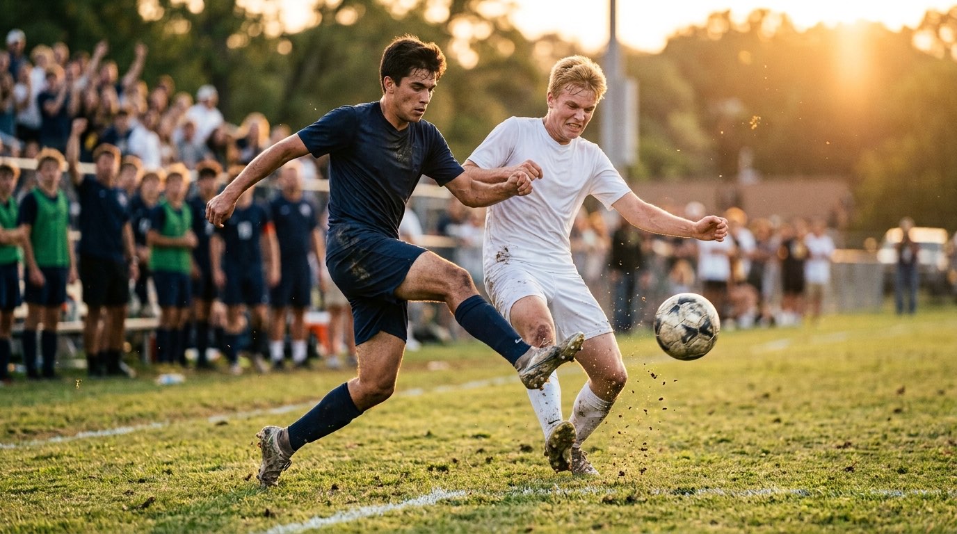 High school soccer players contesting the ball at golden hour