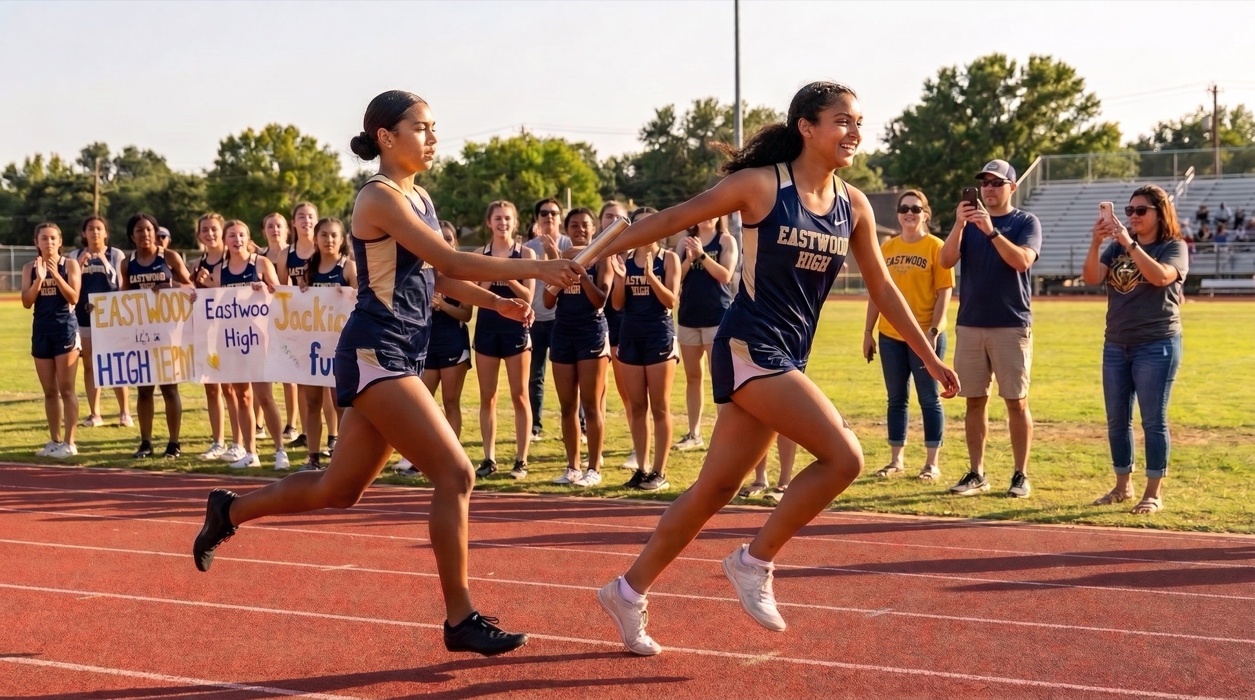 High school relay runners exchanging the baton in front of a cheering team