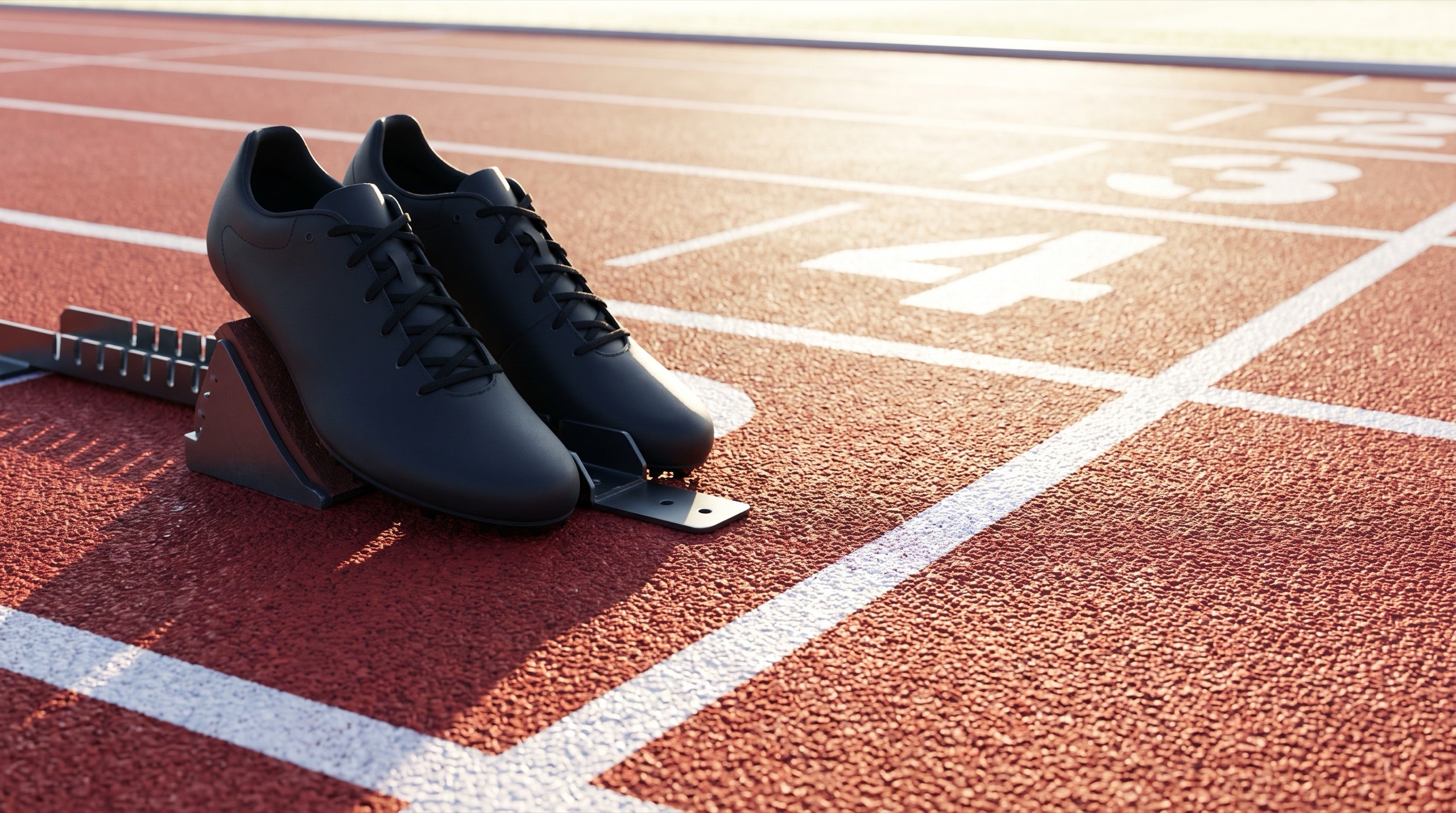 Plain black track spikes resting on starting blocks at the starting line